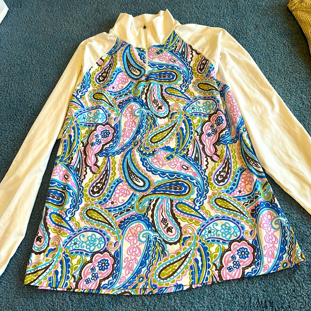 Athleta 1x white sleeves floral quarter zip lightweight stretchy bright cute